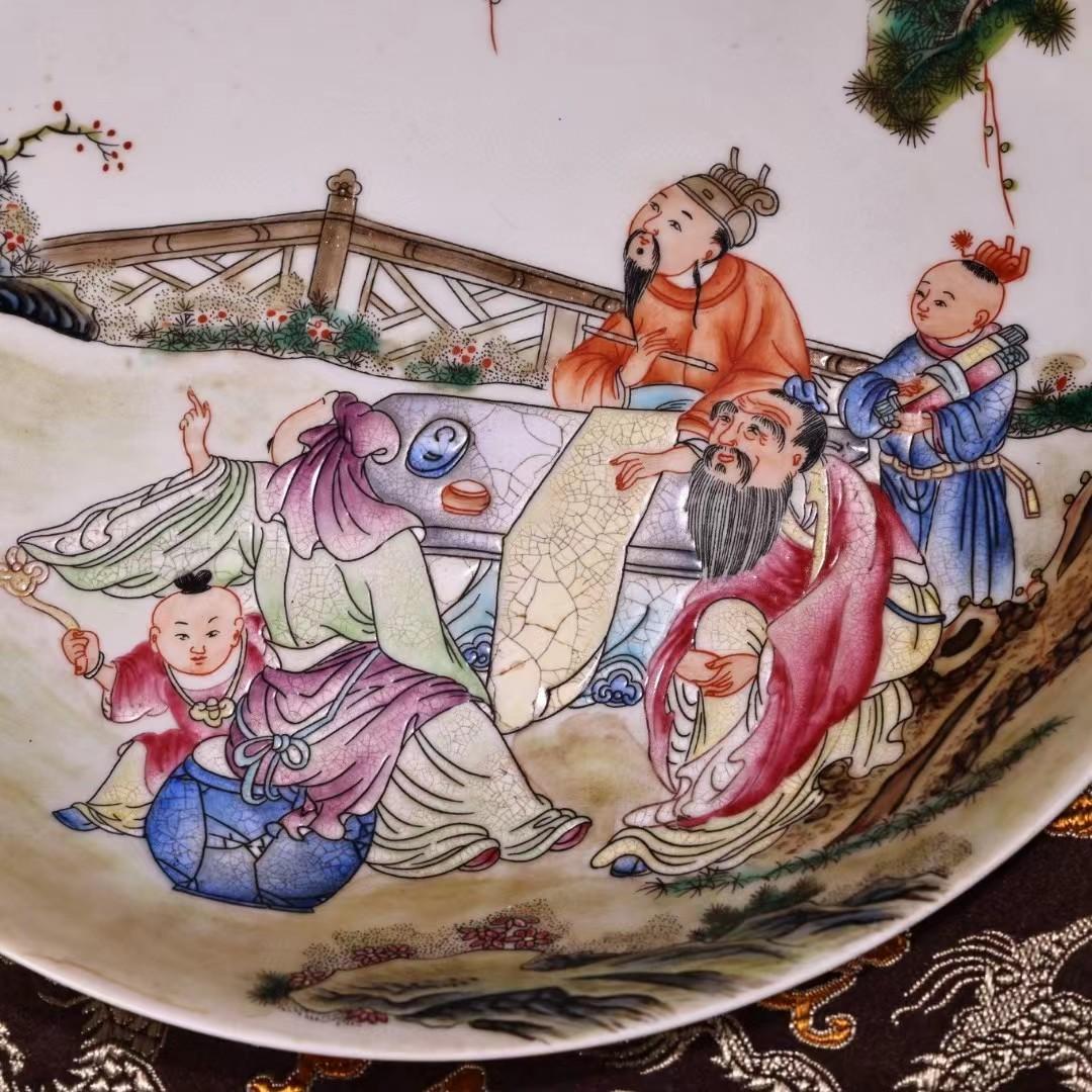 中国古美術・珍蔵粉彩・人物風景絵磁器の中皿・純手描き・箱付・置物・文房具・観賞皿