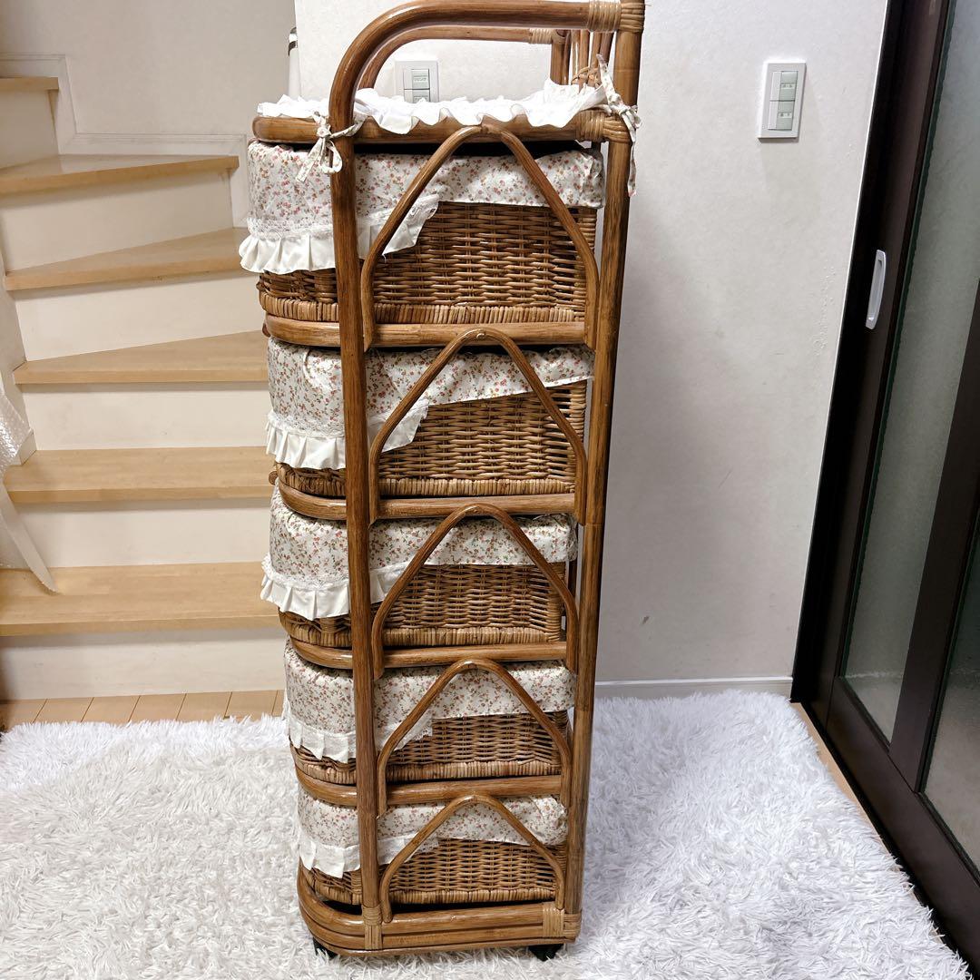 ラタンチェスト 5段 籐家具 ビンテージ キャビネット収納 ラタン キャスター付