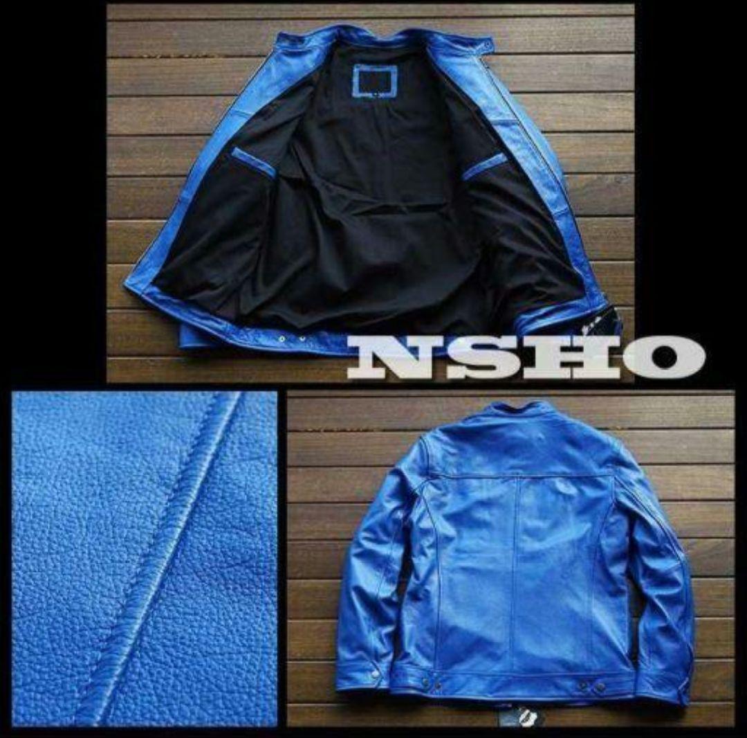 XL【新品】18万円 最高級牛革カウハイド 美ブルー イタリアンレザージャケット