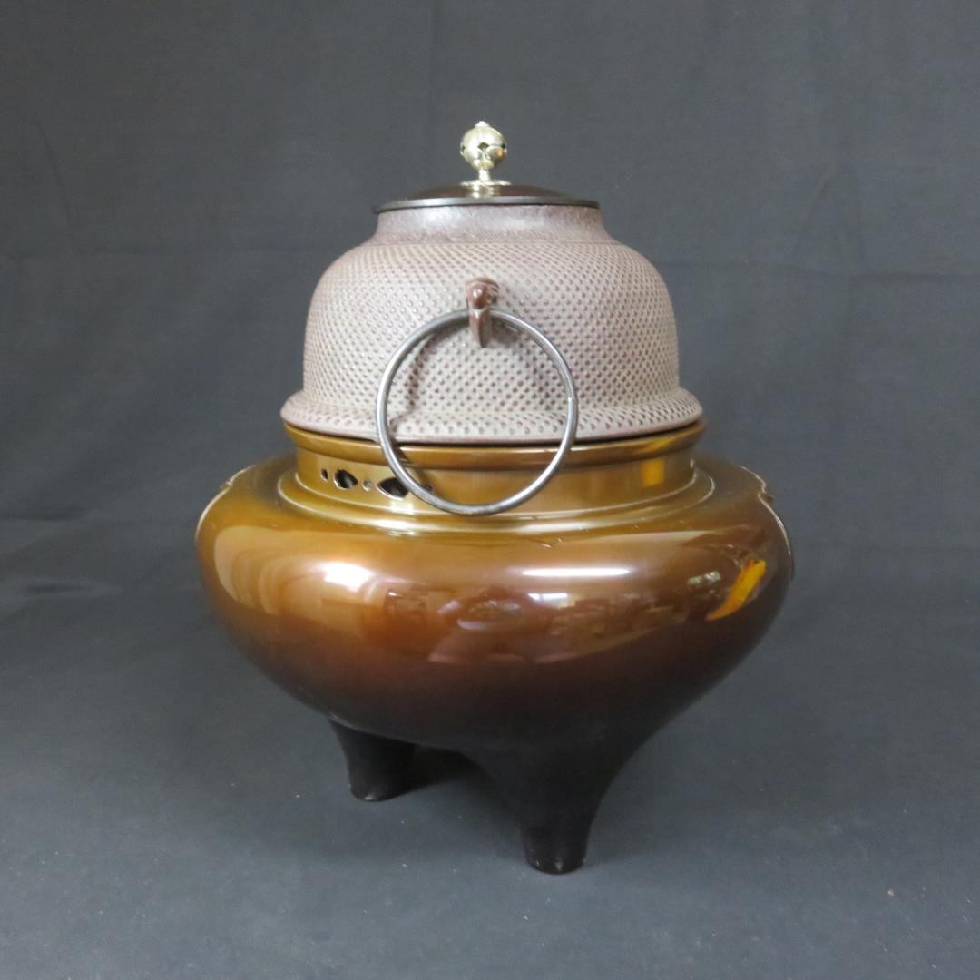 風炉釜 茶道具 茶器 高橋敬典 人間国宝 唐銅朝鮮風炉 木箱 共箱