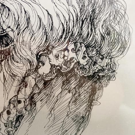 石阪春生 女性像 ペン画 金属製フレーム