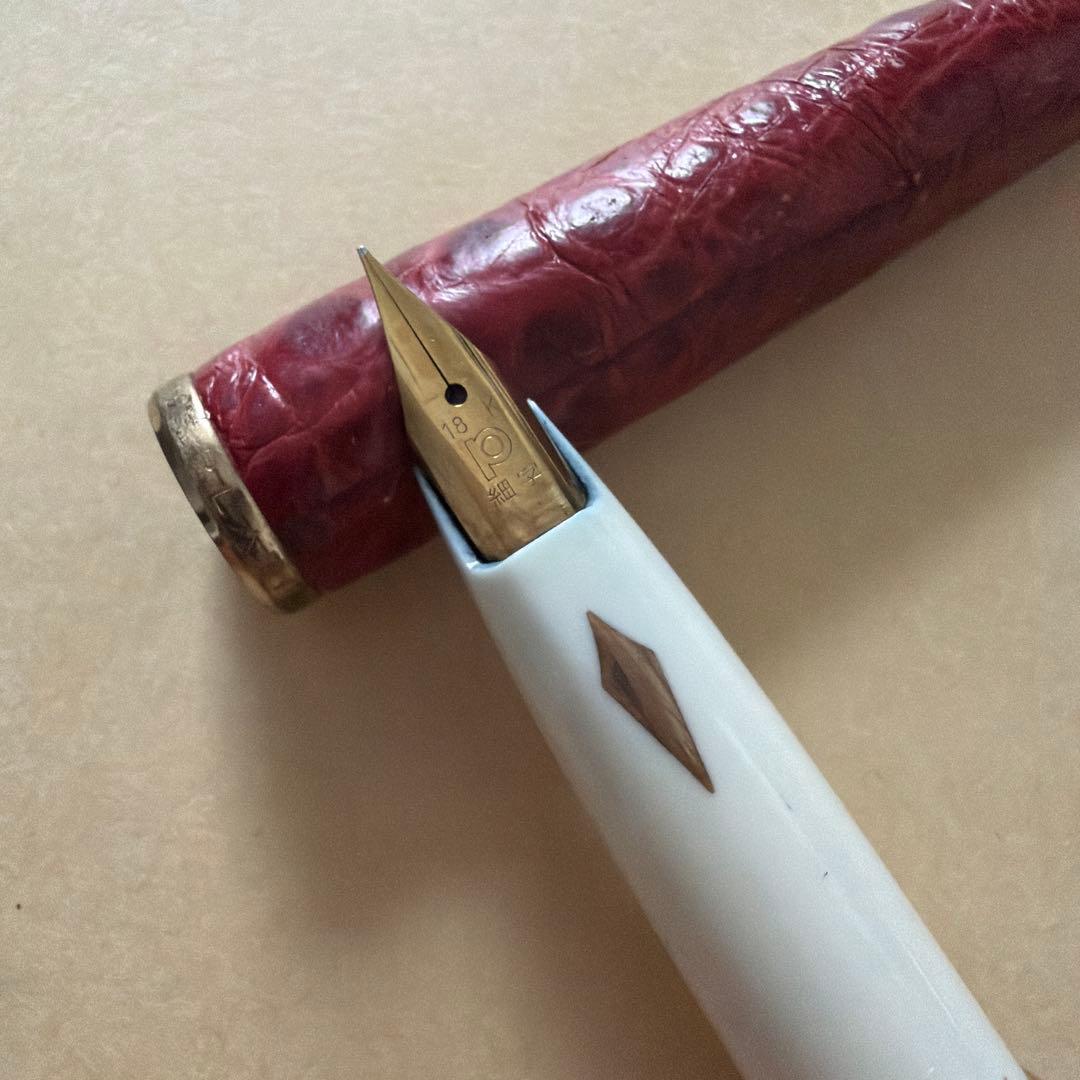 プラチナ万年筆 18K 本革張 象嵌 ブラウン レザー