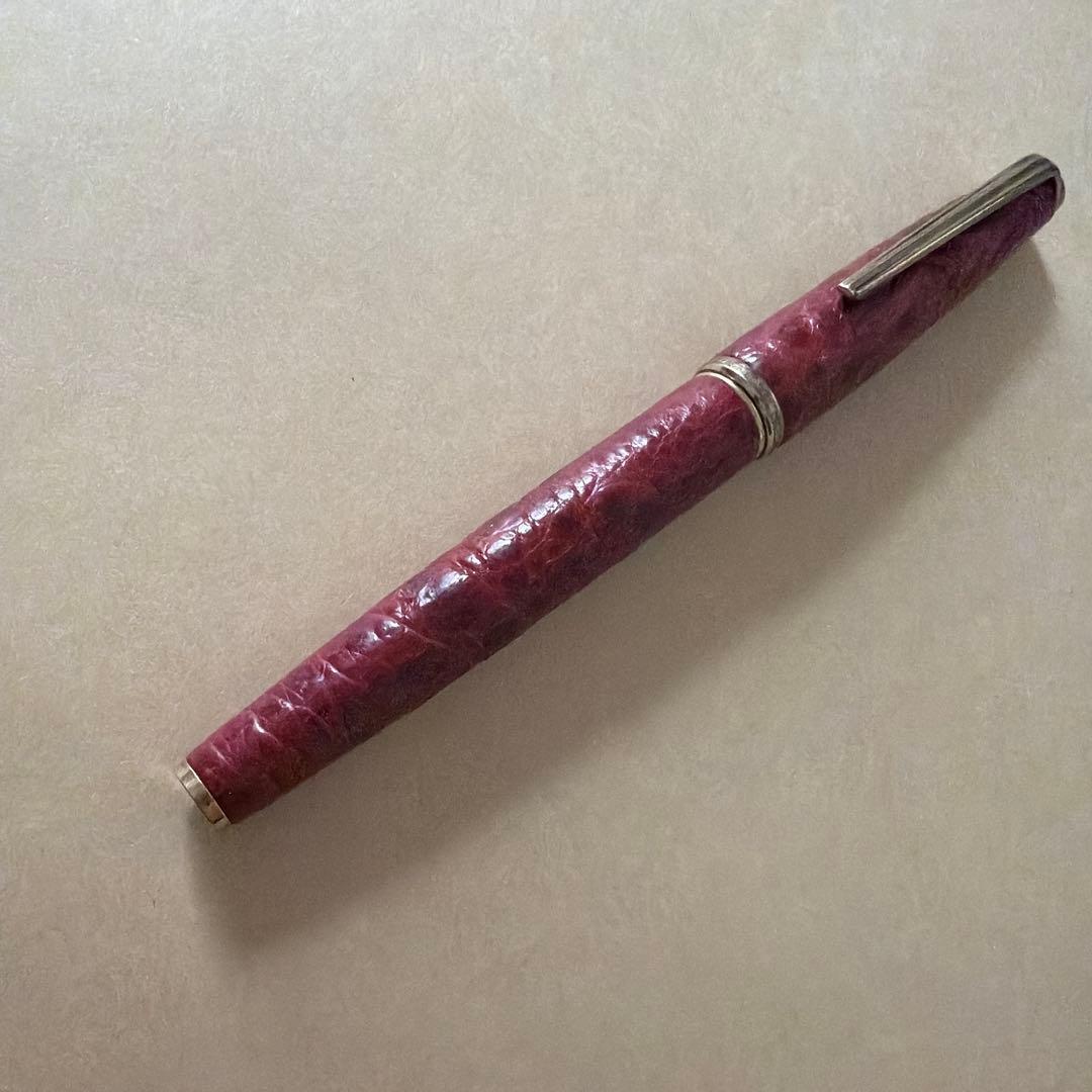 プラチナ万年筆 18K 本革張 象嵌 ブラウン レザー