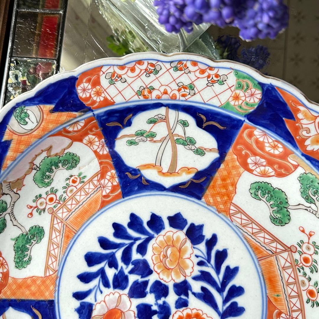 2154様感謝‼️春‼️伊万里　金彩色絵　牡丹に鶴　梅&松輪花縁大皿　尺2寸1客