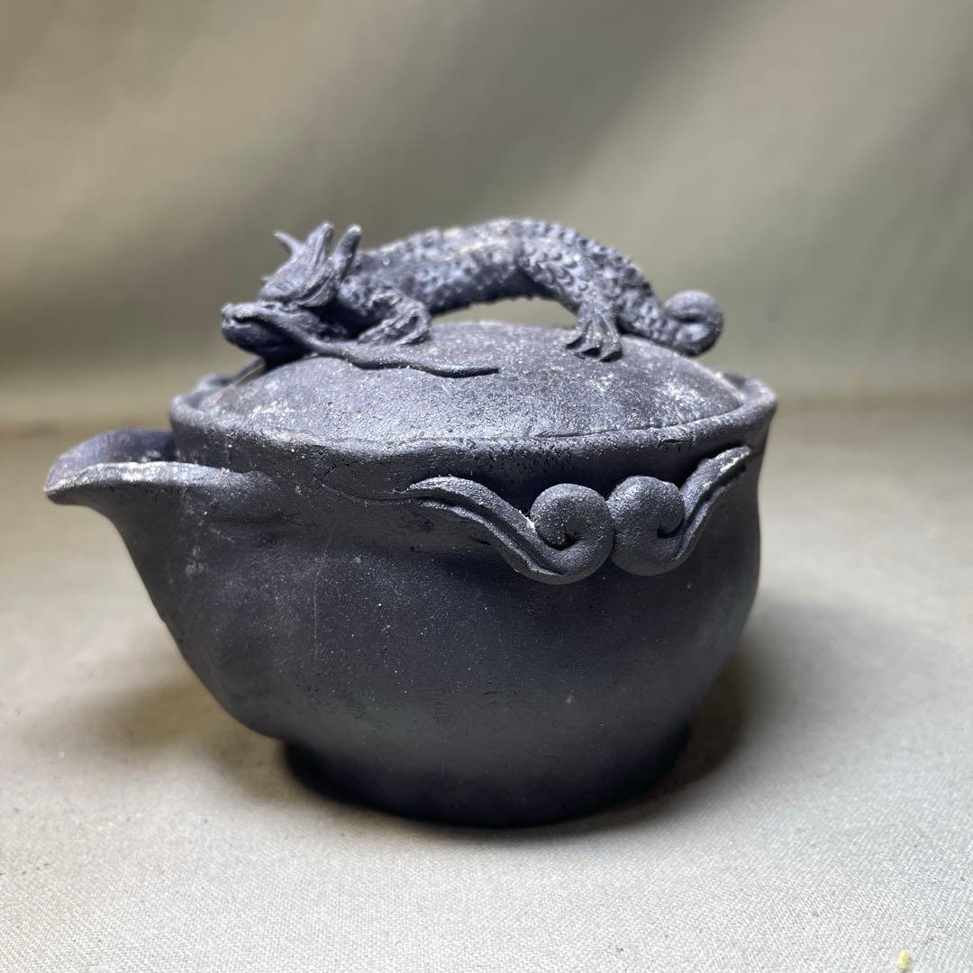 時代 備前双龍宝瓶　炭化青備前 窯変 双竜　手造　煎茶道具　備前焼 急