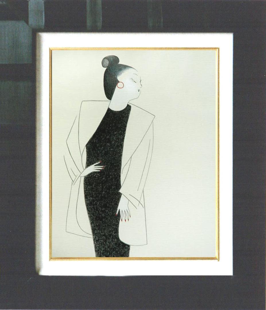 油絵 菅家令子 絵 絵画インテリア額付(青緑＋金色の枠) F6-082511女性