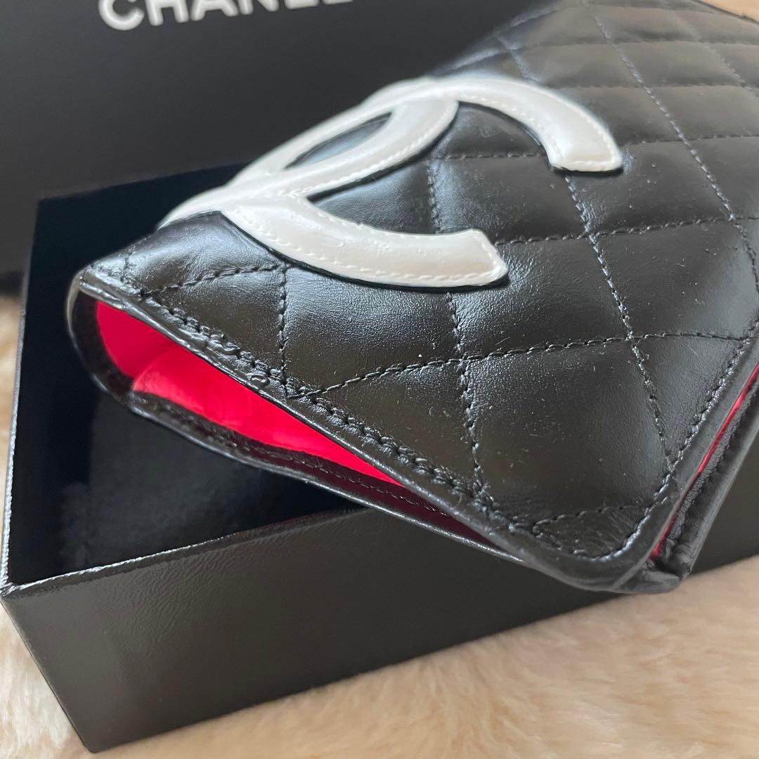 シャネル CHANEL 財布 二つ折りカンボンライン ココ 黒 白 ピンク