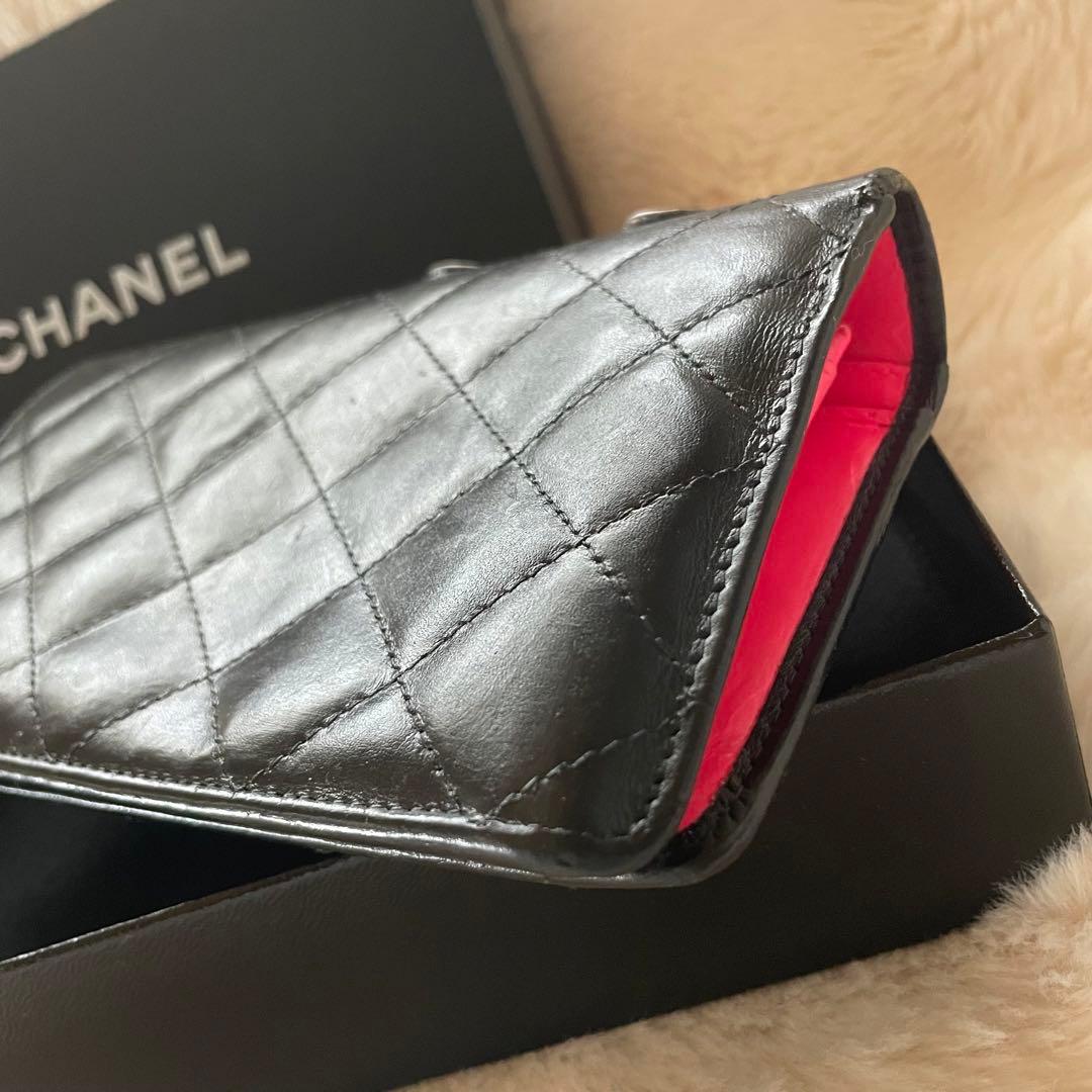 シャネル CHANEL 財布 二つ折りカンボンライン ココ 黒 白 ピンク