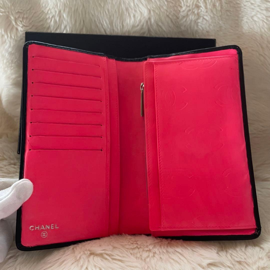 シャネル CHANEL 財布 二つ折りカンボンライン ココ 黒 白 ピンク