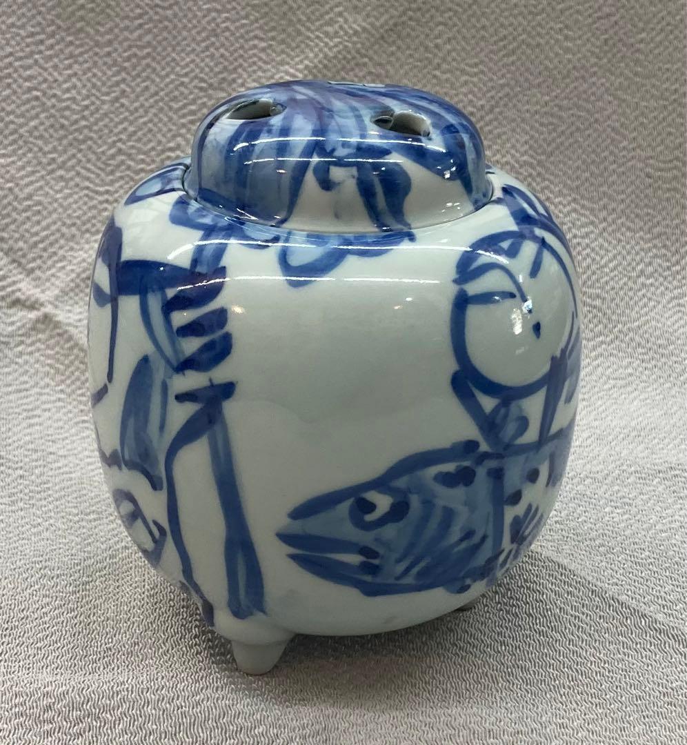 B68s  佐藤勝彦作　染付人物香炉　かつひこ　画家書家陶芸家