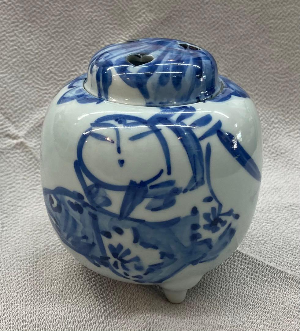 B68s  佐藤勝彦作　染付人物香炉　かつひこ　画家書家陶芸家