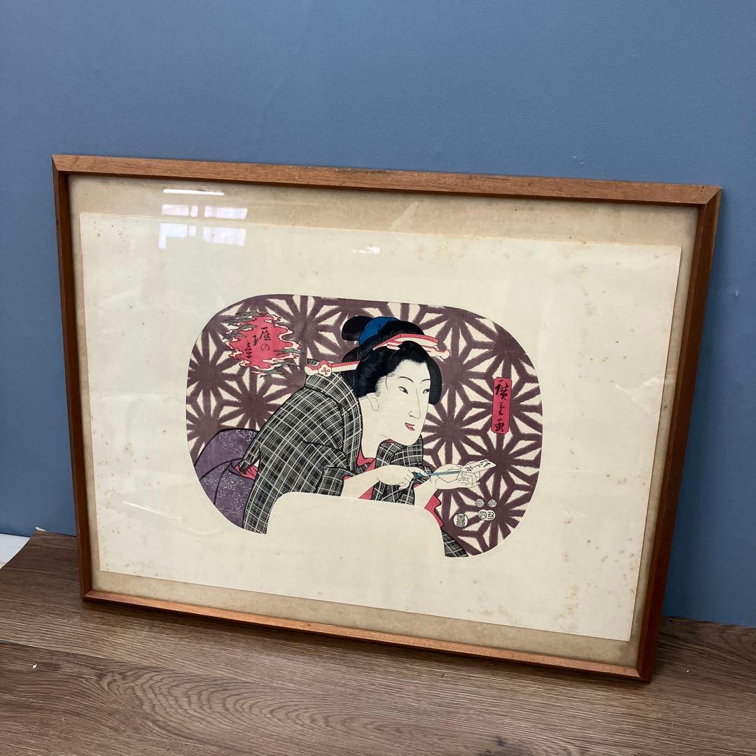 昭和レトロ 豊原国周 団扇絵 木版画 「江戸の華」 額装品 幕末 明治