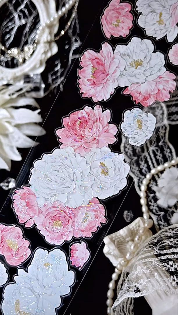 【9379】海外　5m巻　貝殻光カッティングマスキングテープ　ピンク　お花系