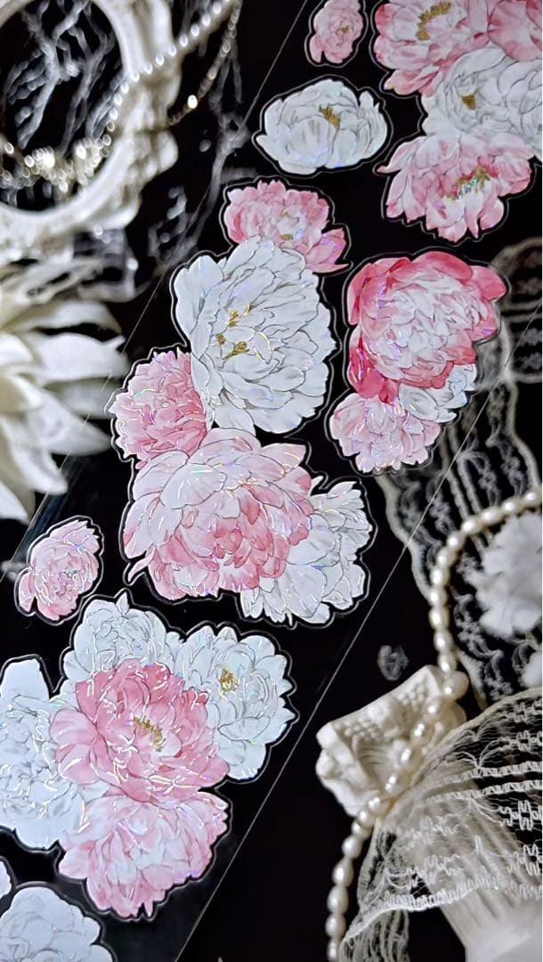 【9379】海外　5m巻　貝殻光カッティングマスキングテープ　ピンク　お花系