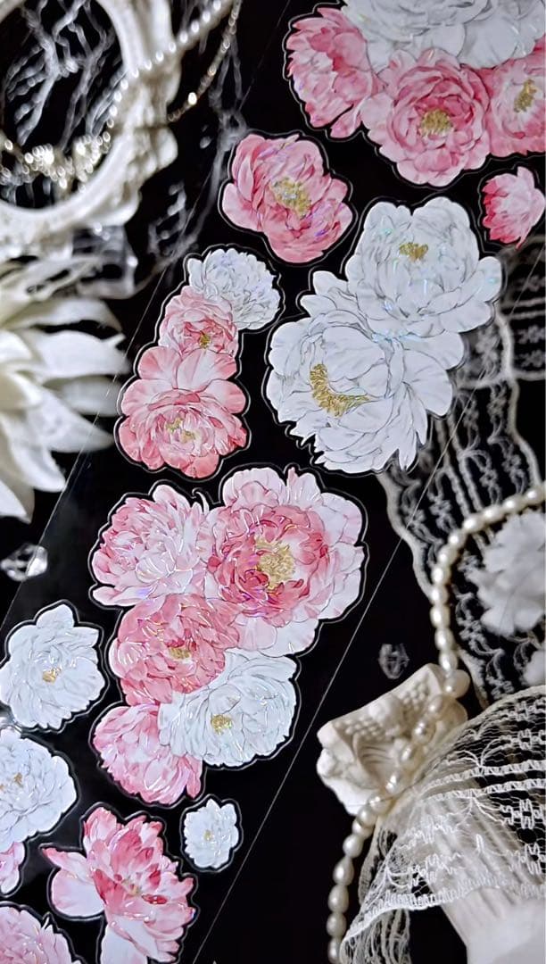 【9379】海外　5m巻　貝殻光カッティングマスキングテープ　ピンク　お花系