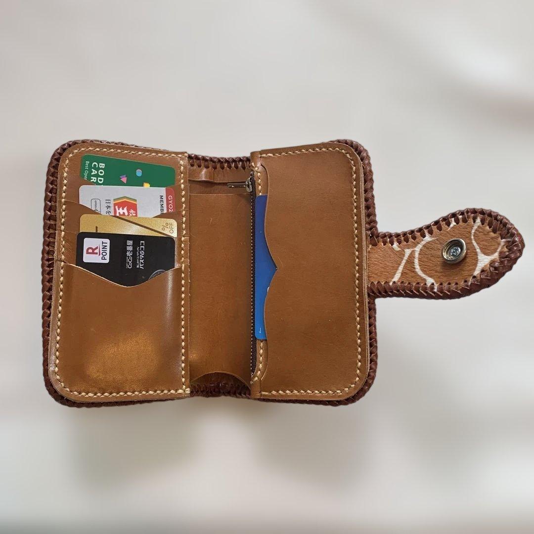 ハンドメイドレザークラフトキリン柄ハラコ牛革茶色ミドルウォレット牛レース編み茶色
