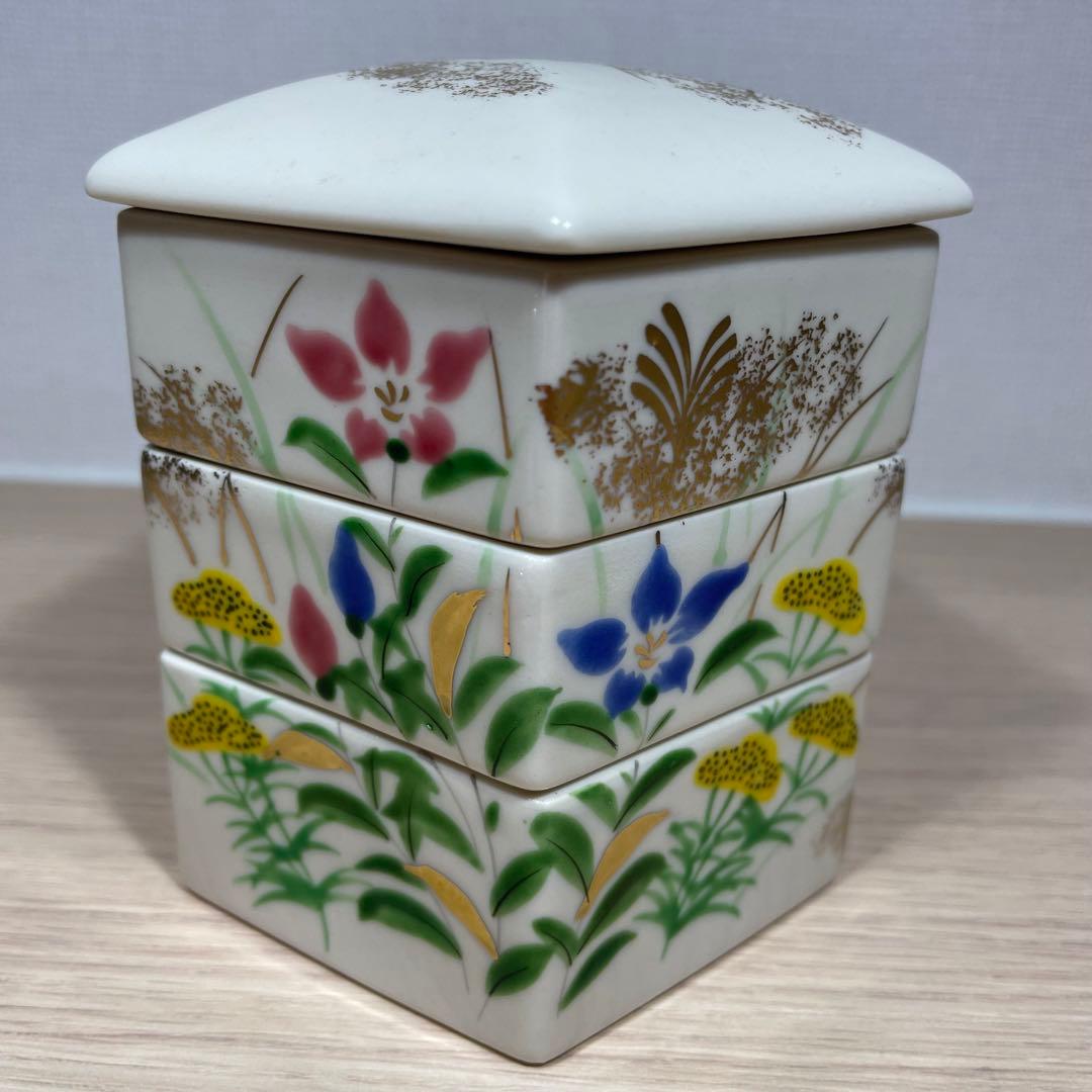 値下げ【昭和】五角形　陶器　三段　かさね重　合格縁起物