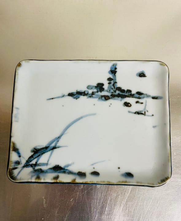 坪平土平・広永窯　　染付山水角皿5枚組　　桐箱入り　懐石　茶事　半泥子の弟子