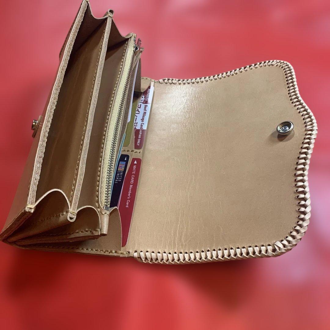 ハンドメイドレザークラフトヌメ革牛レース編み長財布　ヌメ革長財布