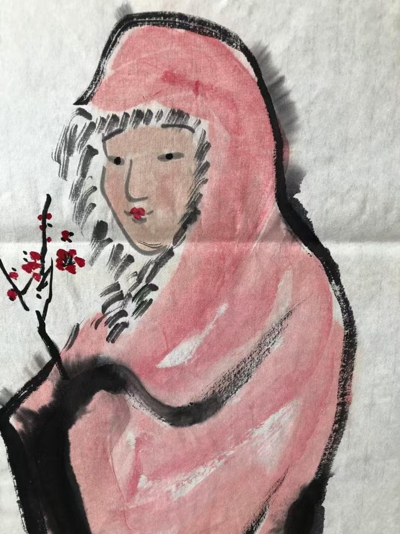 中国古美術★純手描き四条屏・人物画芯★国画・斉白石印款・肉筆・宣紙・带水印・文房