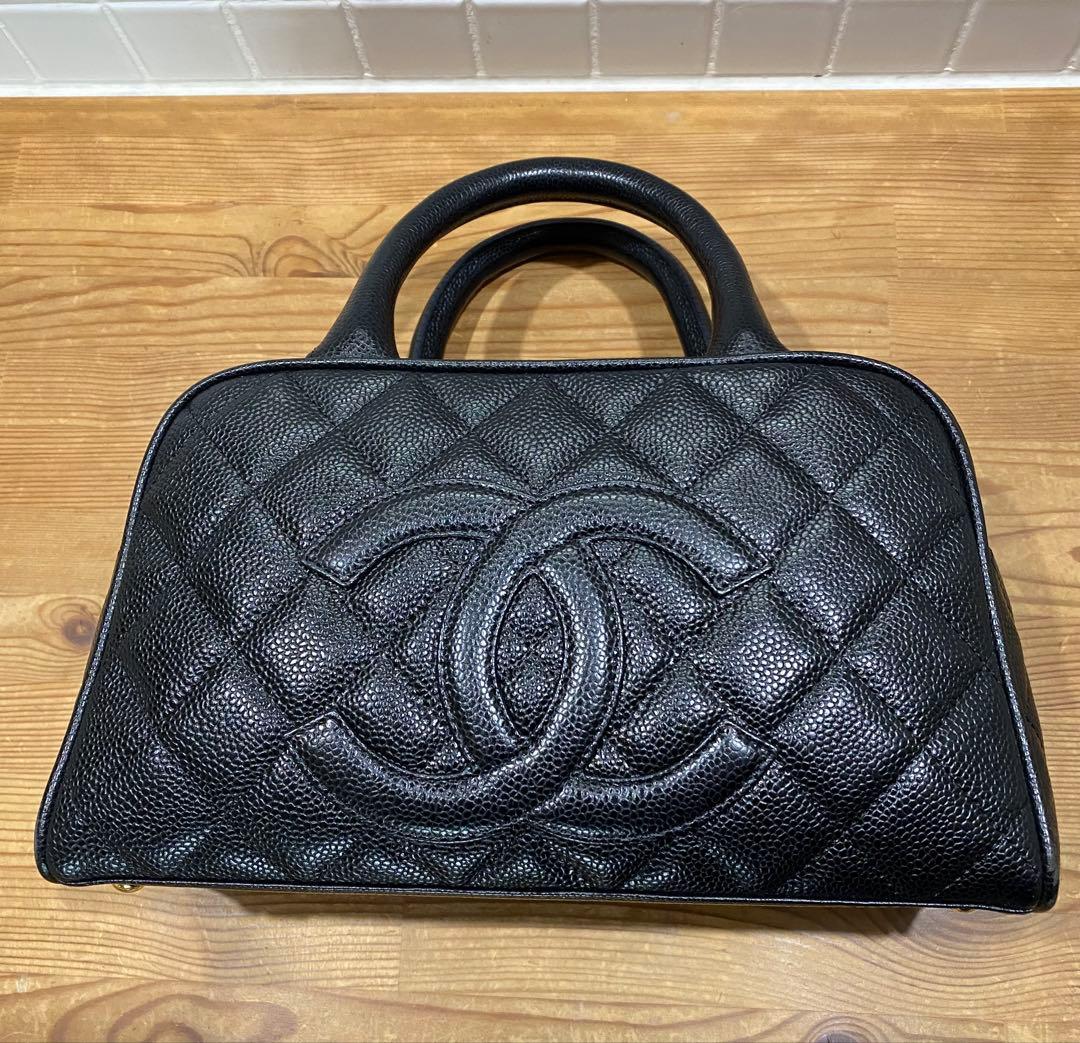 シャネルミニボストンバッグ ココマーク マトラッセキャビアスキンハンドバッグ