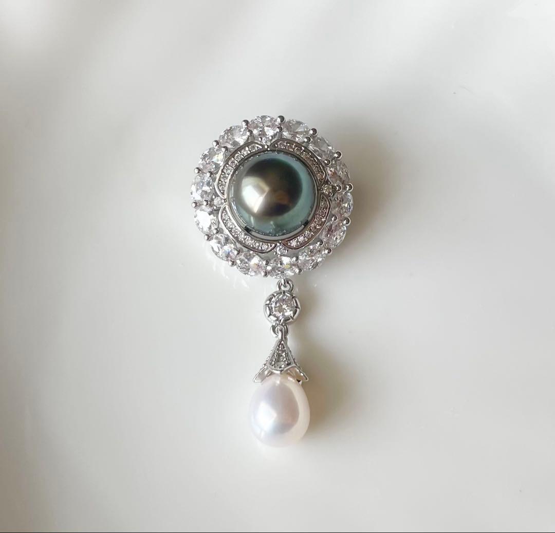 黒蝶真珠 本真珠 ブローチ 大玉 真円 高品質 南洋パール タヒチ