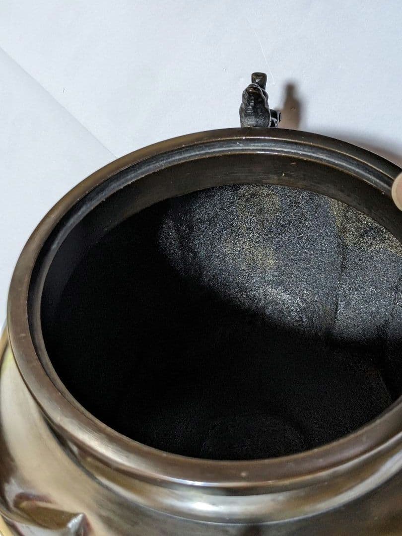 ♦香道具 獅子飾り 山水瓔珞紋様 龍双耳阿古柁形 大香炉 高岡銅器 高さ27cm