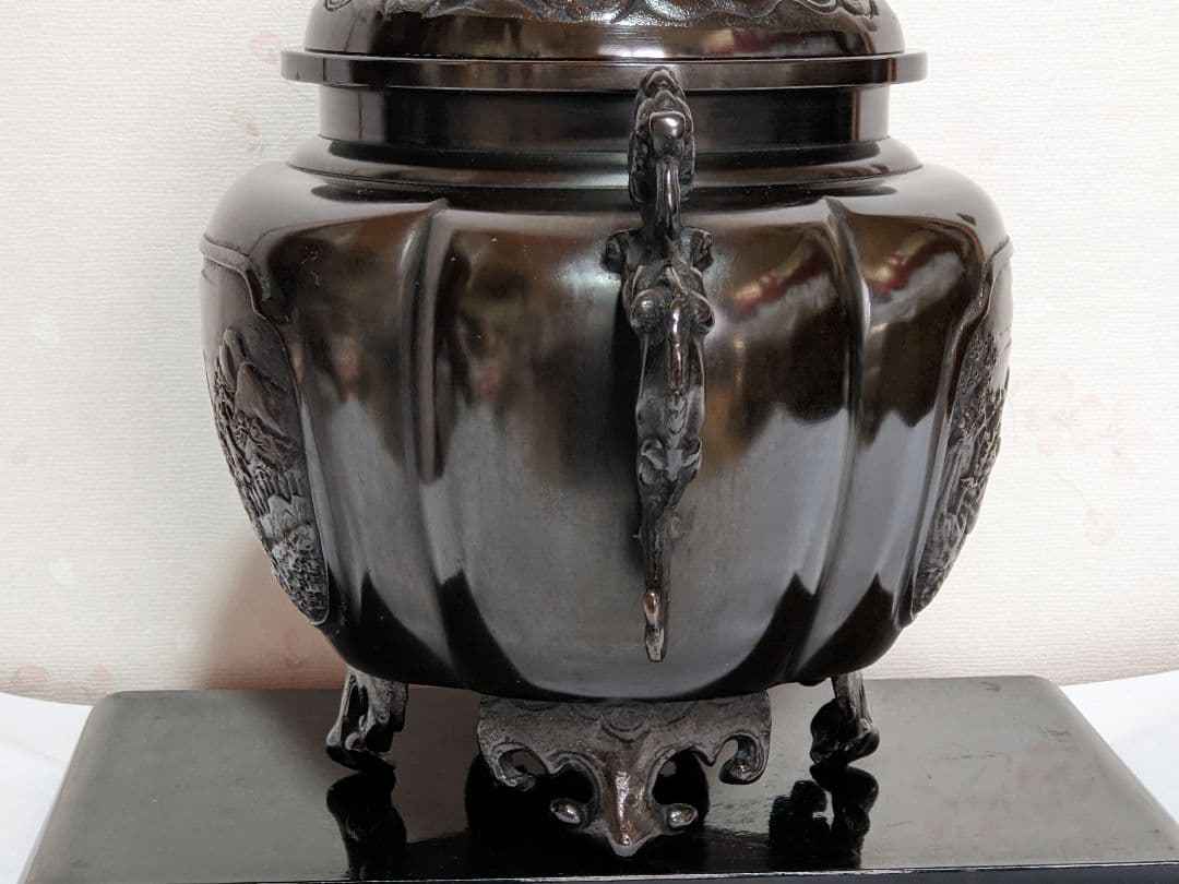 ♦香道具 獅子飾り 山水瓔珞紋様 龍双耳阿古柁形 大香炉 高岡銅器 高さ27cm