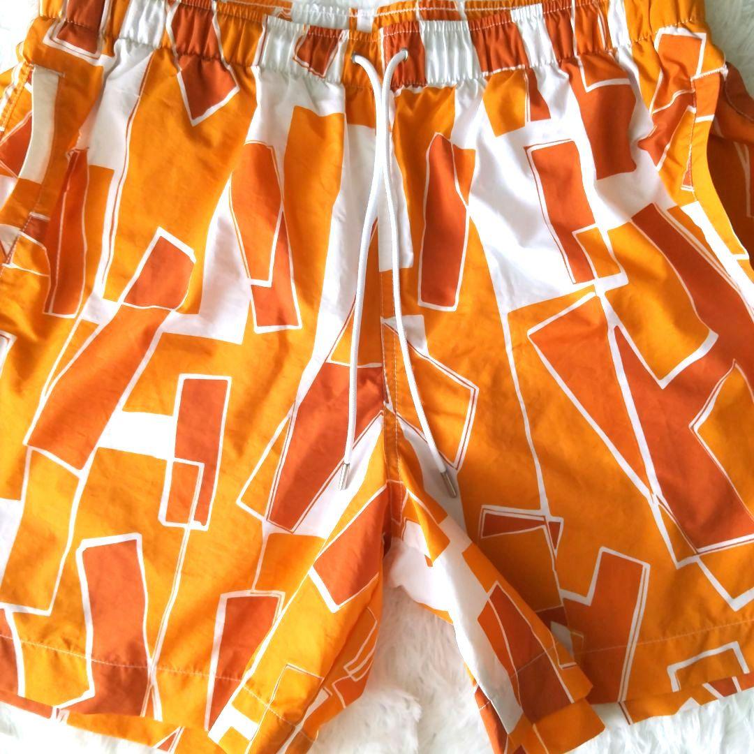 【エルメス】HERMES 幾何学模様 メンズスイムパンツ水着 Mサイズオレンジ