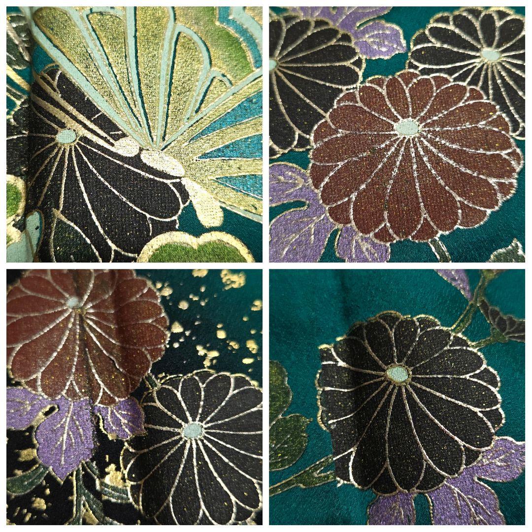 A5◆着物くつろぎ 蝶々に花模様 金彩 青緑 菊 袷 正絹 成人式 振袖 着物