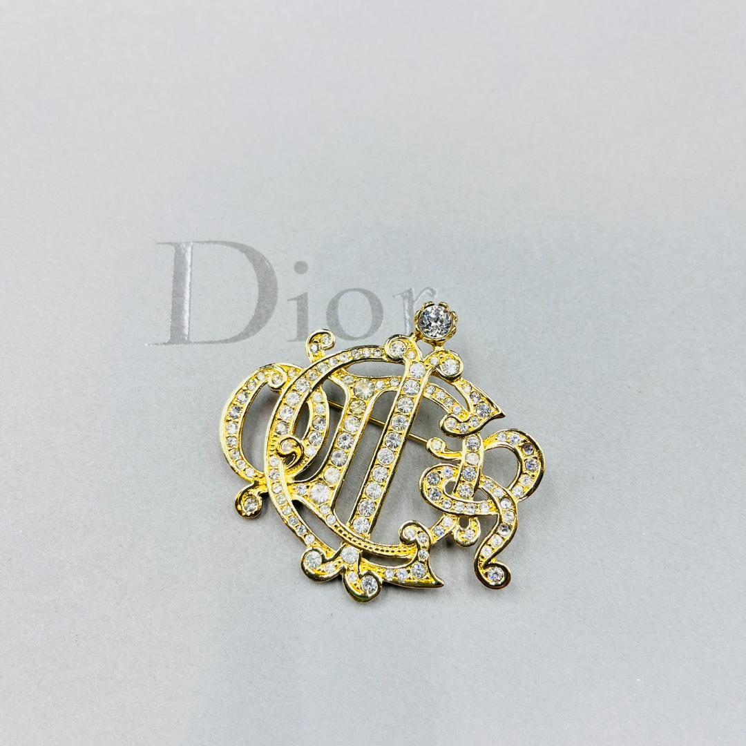 Dior ディオール 旧ロゴ エンブレム ラインストーン ブローチ ゴールド