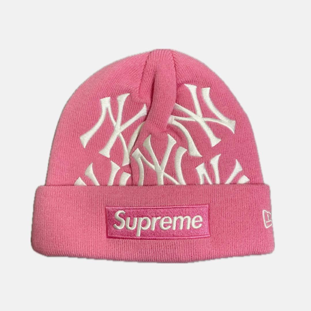 Supreme×new york yankees ヤンキース　ニット帽 ピンク