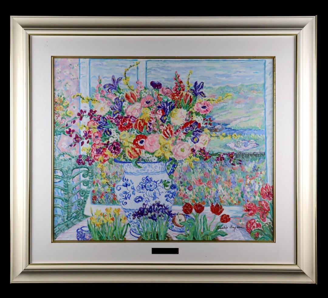 真作保証 レスリー・セイヤー「ガーデン」キャンバス油彩 20号 ジクレー 手彩色