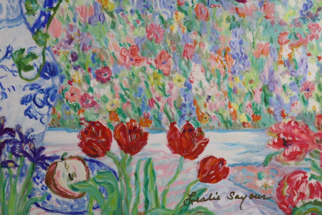 真作保証 レスリー・セイヤー「ガーデン」キャンバス油彩 20号 ジクレー 手彩色