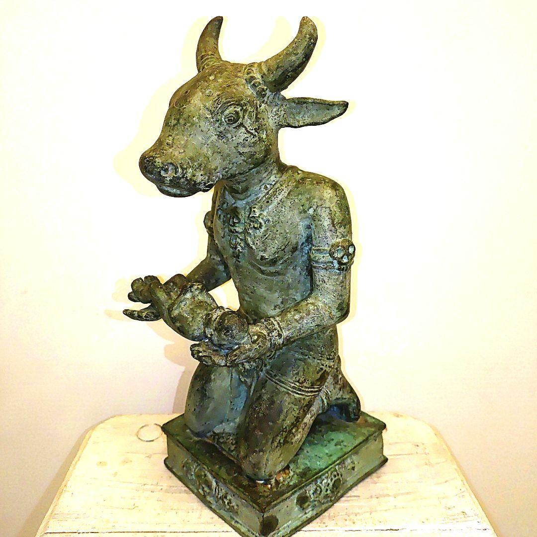 青銅 牛頭人型 彫刻 約28cm　チベット仏教の牛頭法王