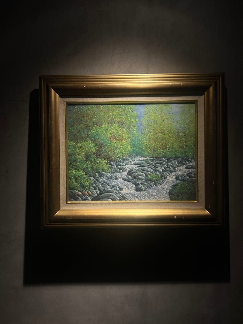 油彩　岡恵一【錦秋の渓流】細密リアリズム