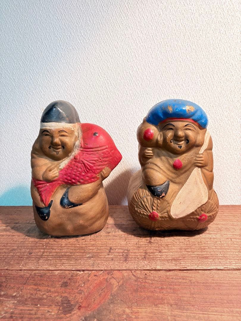 恵比寿大黒 貯金箱 縁起物 置物 骨董 七福神 陶製 2体セット 古道具