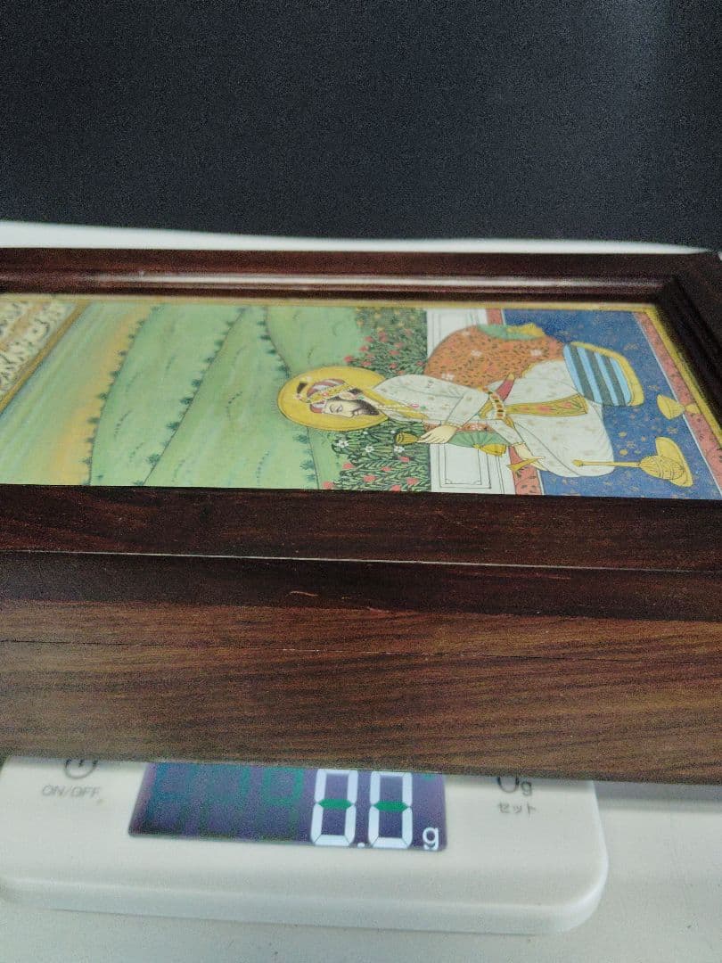 インド細密画 手描き 王侯像 紫檀系ローズウッド 無垢材 文庫箱　ムスリム美術