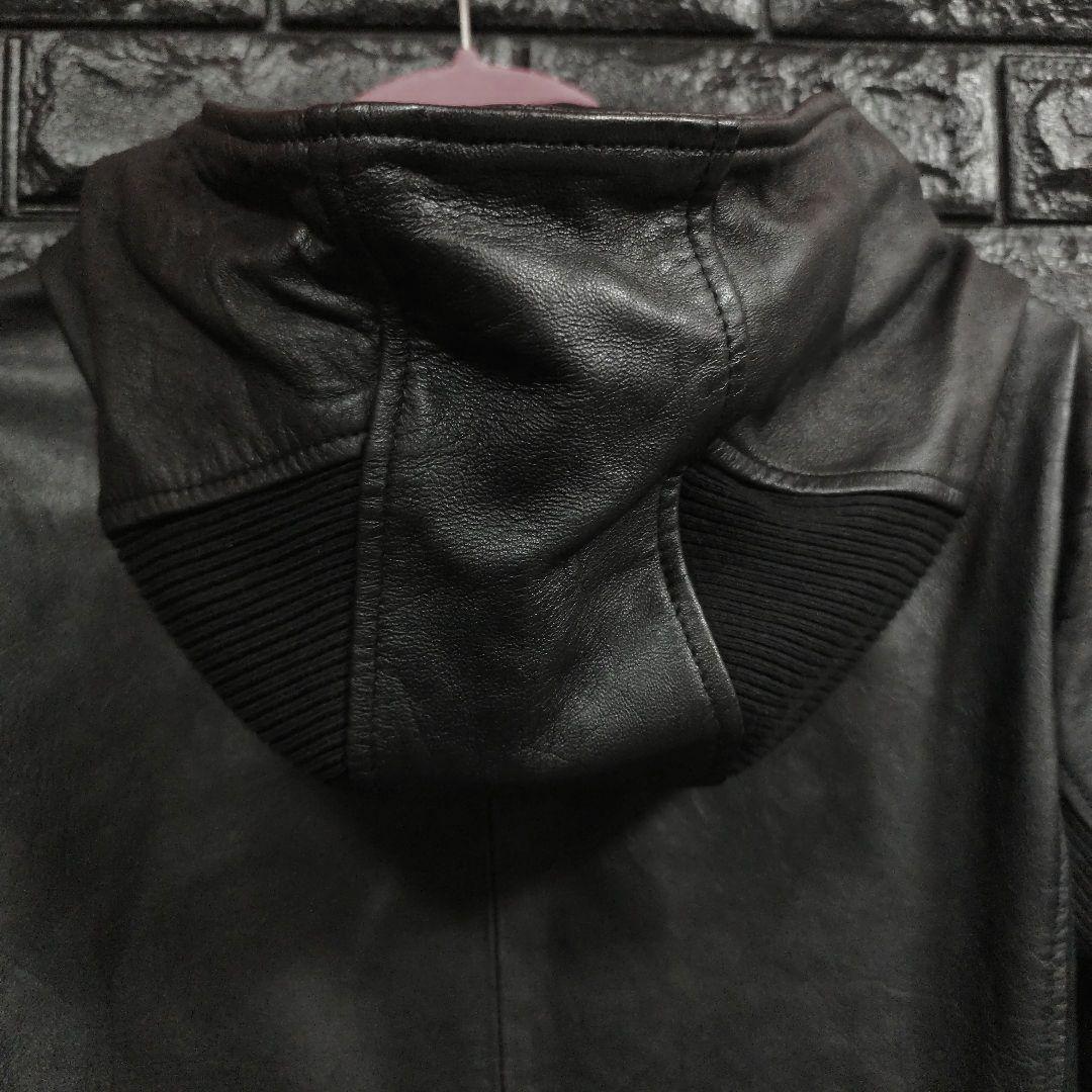 美品ノーアイディー黒ラムレザー シングルフード付きライダースジャケットＳ２完売品