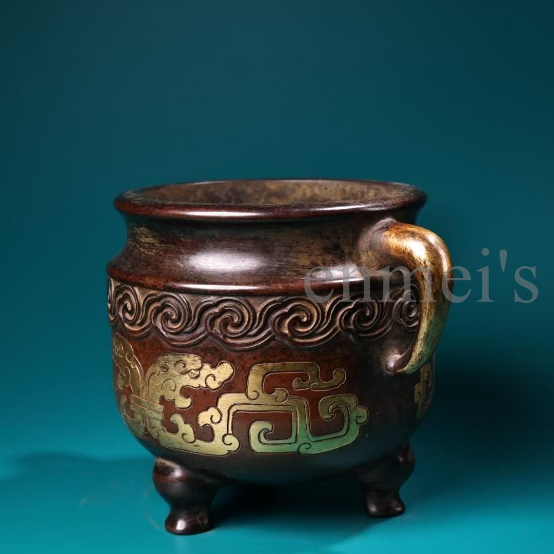 中国古美術・旧蔵純紫銅製・高浮彫鎏金香炉・純手作り・三本脚・置物・仏具・文房具