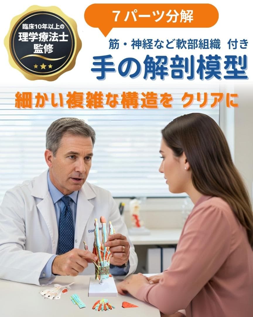 手解剖模型 7パーツ分解 原寸大 軟部組織付き 理学療法士監修 人体模型 手関節