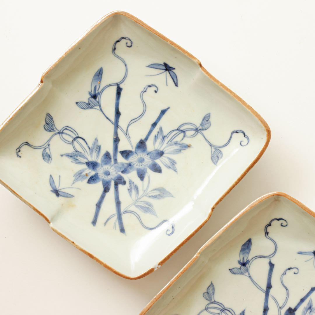 古伊万里　伊万里　テッセン　鉄線　変形　皿　2客セット　金継ぎ　材料　染付