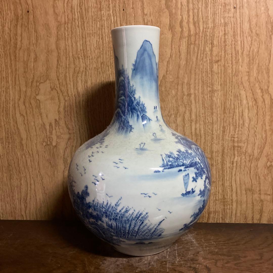 中国　染付　瓶　天球瓶　山水図　大清乾隆年製銘