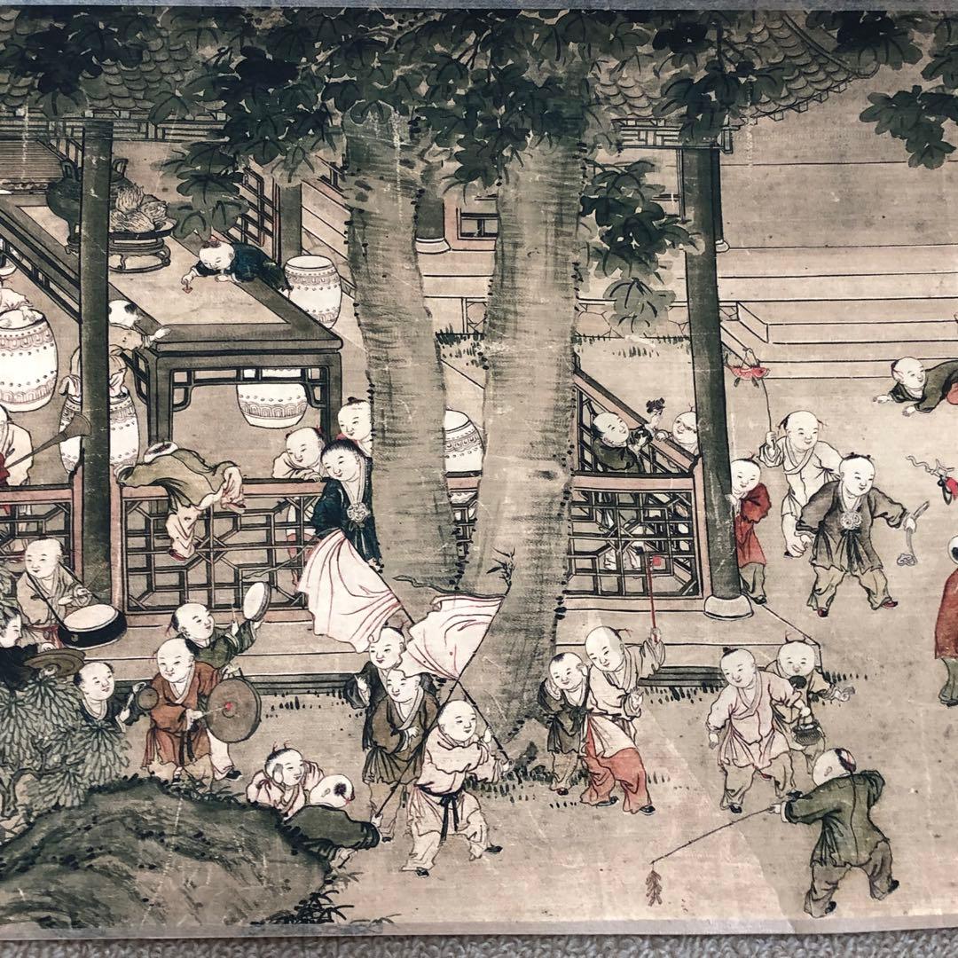 名家 冷枚　百子図 巻き絵 三希堂 御書房 乾隆皇帝印218cm *30cm