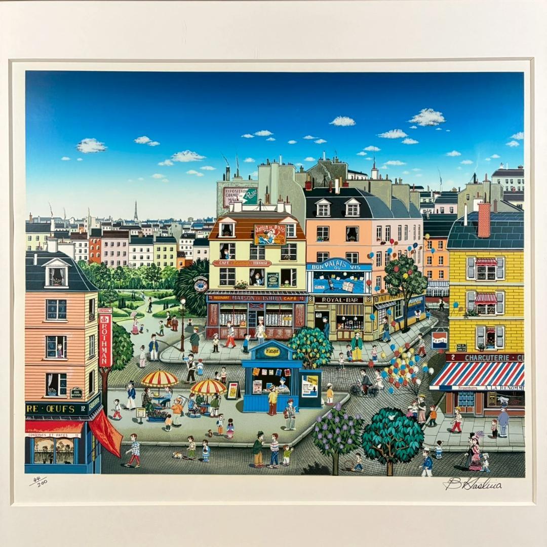 ビン・カシワ「カフェテラス」シルクスクリーン 直筆サイン入 額縁入 ヒロヤマガタ