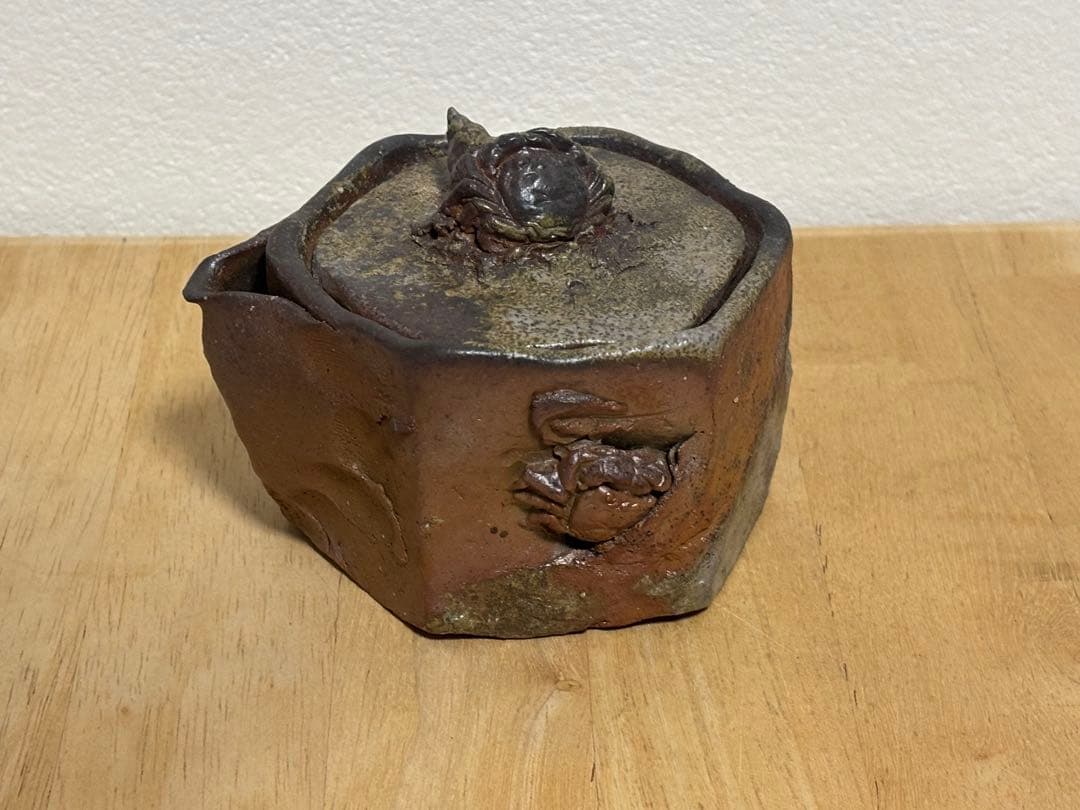 78.備前焼 宝瓶 登り窯 カニとタニシ 蟹 貝 六角 手びねり 急須