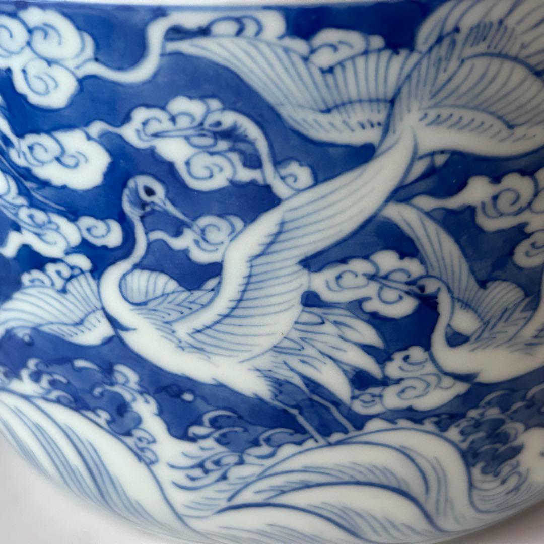 茶道具　新渡　染付　鶴絵　水指　中国　茶会　初釜　稽古　棚　しんと　そめつけ