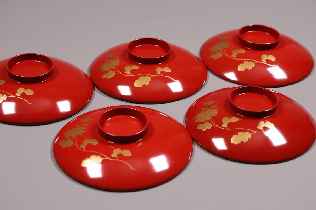 【CM243】時代木製漆器 桐鳳凰・菊 金蒔絵 朱塗 引盃 五客 木製漆器 小皿