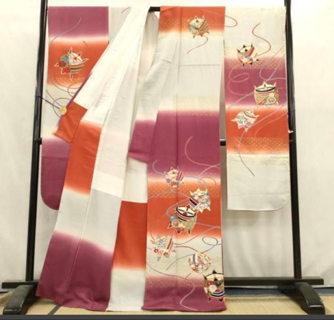 振袖フルセット6点サイズＬ糸巻文　暈し染め　金彩　正絹