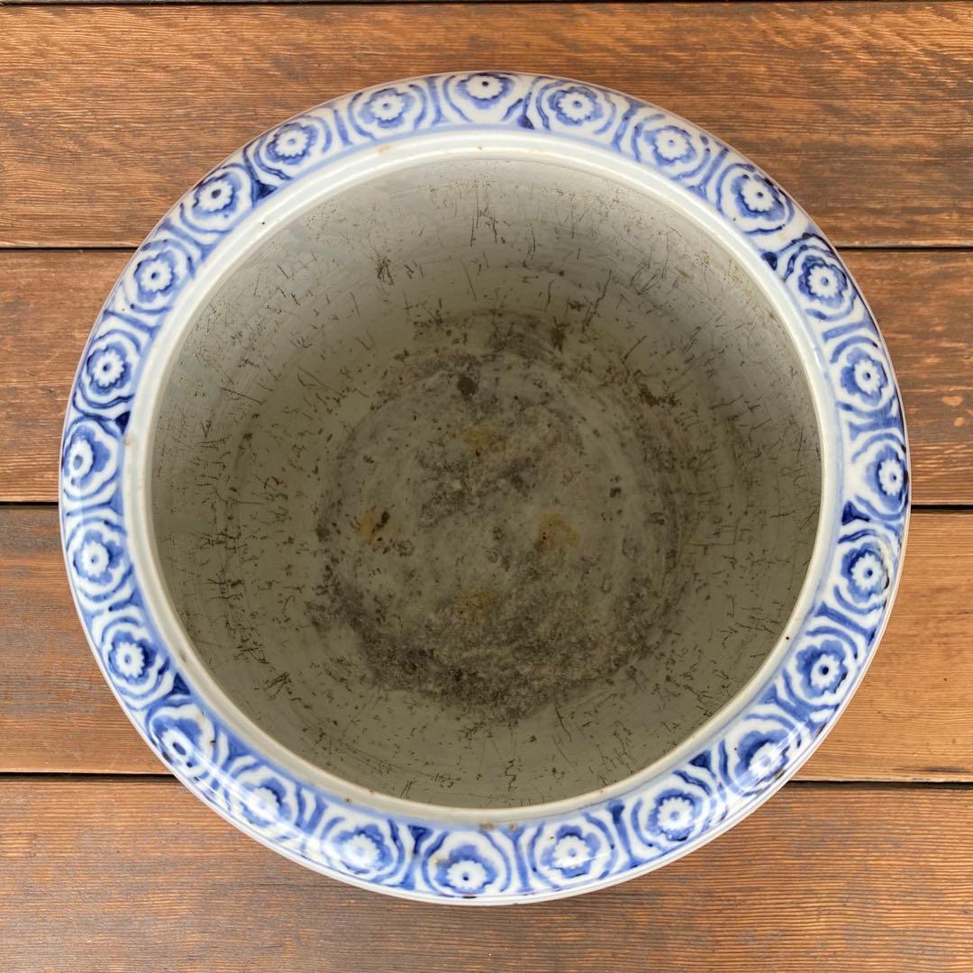 染付　レトロ　アンティーク　火鉢　陶磁器　古民具　希少　金魚鉢　手作り　昭和